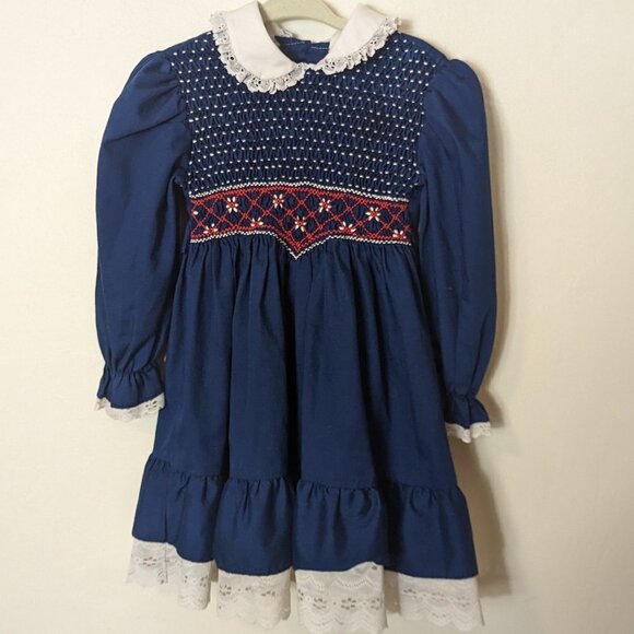 Vintage Polly Flinders Hand Smocked Dress Wreath Flowers Holiday Eyelet Accents - Picture 8 of 8